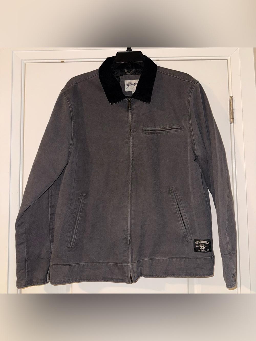 Men's Gray Bomber Jacket with Black Corduroy Collar by
